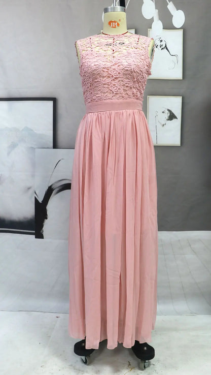 Classic Women Pink Bridesmaid Dresses Elegant Lace Chiffon A Line Illusion Back Maxi Formal Wedding Gust Gowns Formal Evening