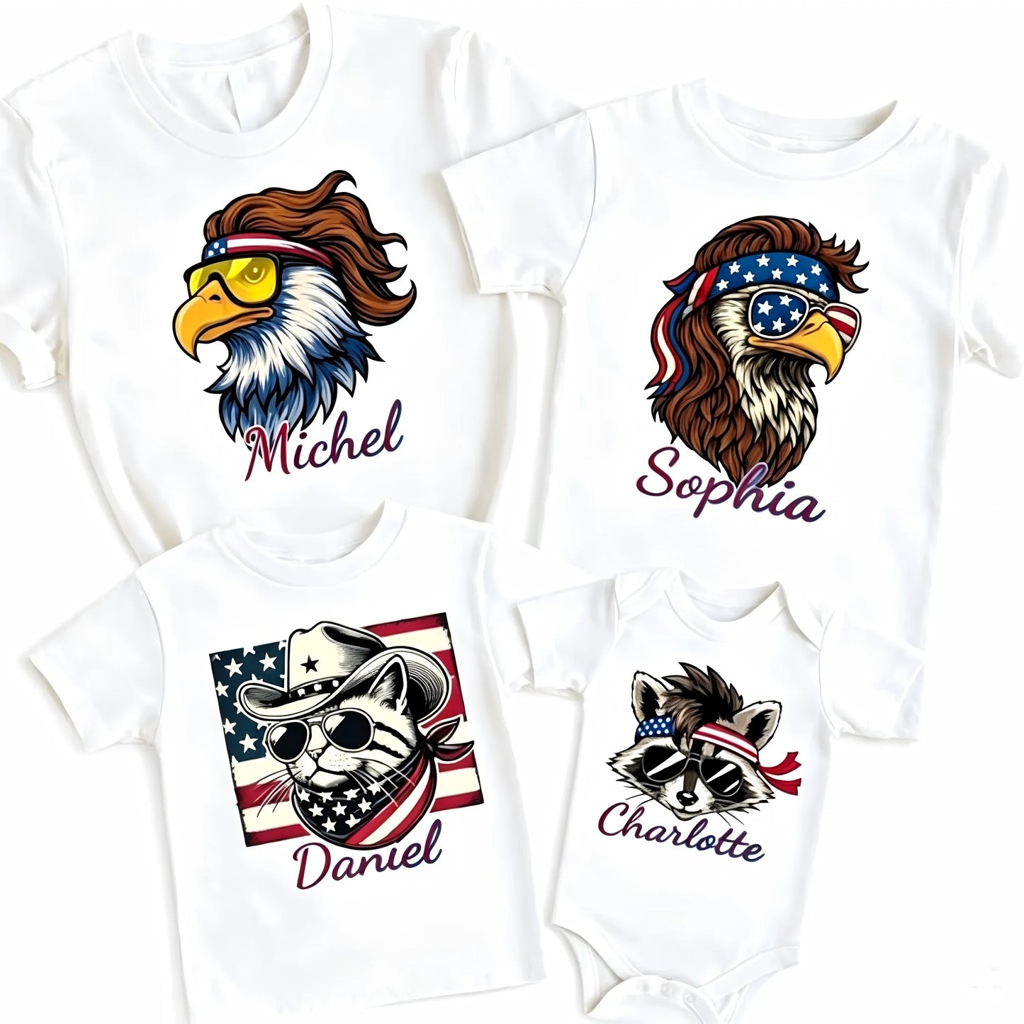 USA American Flag 4th of July Outfit for Men Women Kids, Personalized Family Matching Patriotic Shirts: Eagle Cat Raccoon Funny