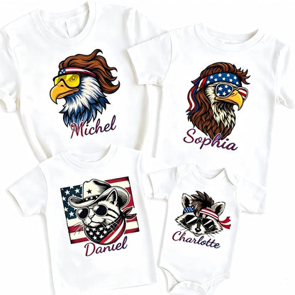 USA American Flag 4th of July Outfit for Men Women Kids, Personalized Family Matching Patriotic Shirts: Eagle Cat Raccoon Funny