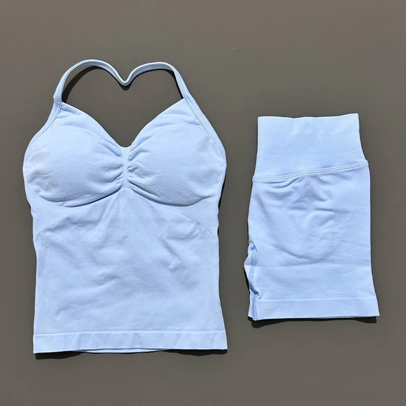 No Logo 2 Pies Sports Set Women Backless Tank Yoga Tops High Waist Scrunch Seamless Shorts Sport Gym Set Sportswear Workout Set