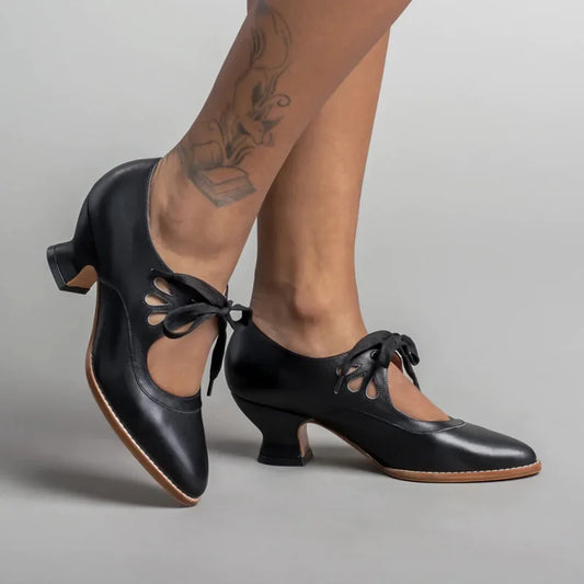 Mary Jane Pumps Woman Vintage Lace Up Low Heel Dress Zapatos Ladies Brand Design Butterfly Wing Derby Shoes Plus Size