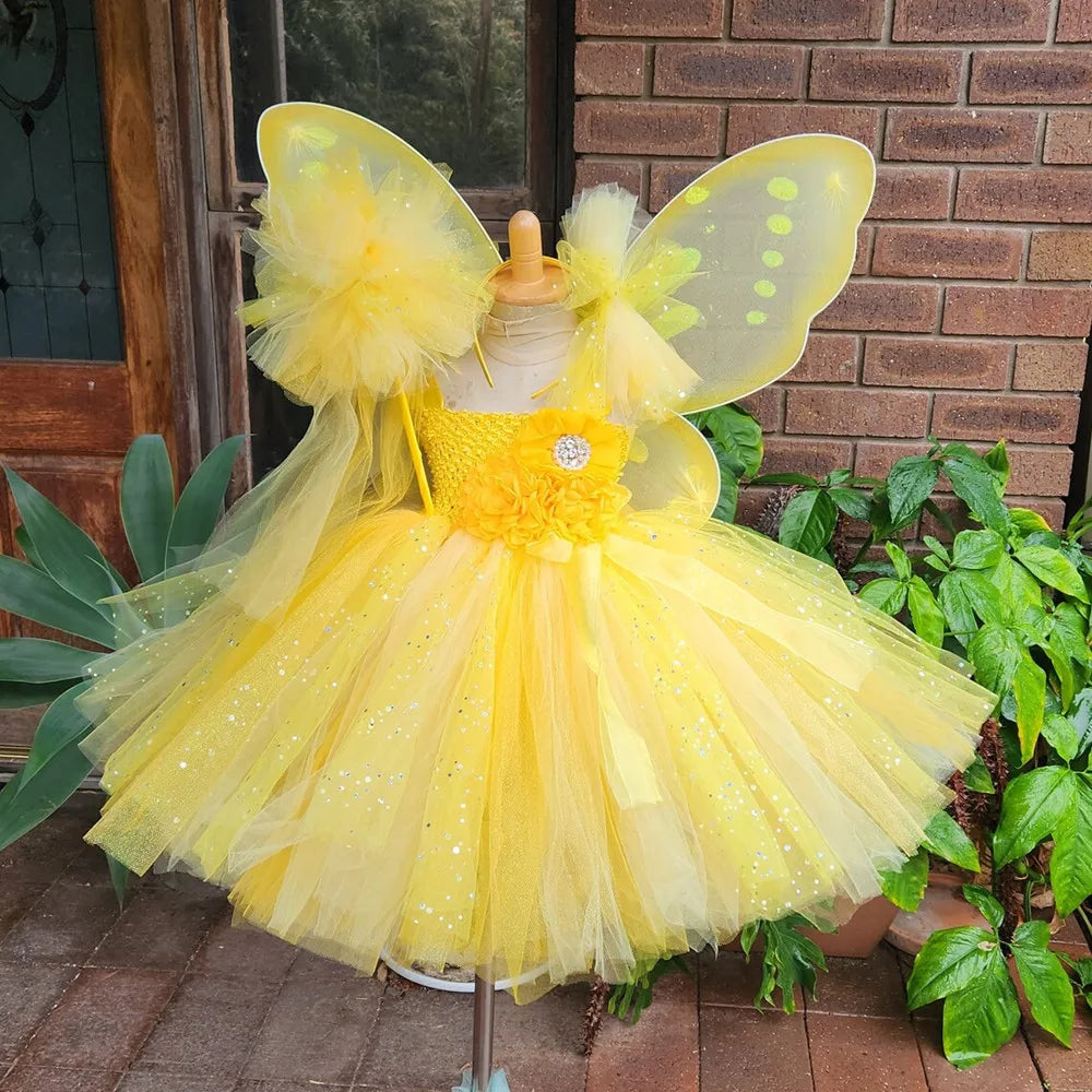 Girls Purple Glitter Dress Kids Flower Fairy Tutu Dresses with Butterfly Wing and Stick Hairbow Children Cosplay Party Costumes