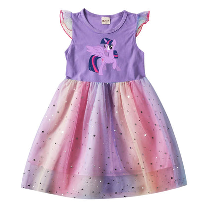 My Little Ponys Baby Girls Dress Children Cartoon Mesh Star Sequins Princess Dress Kids Flying Sleeve Skirt For Birthday Gift