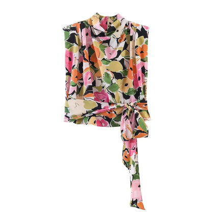 Summer 2026 Women Sleeveless Blouse Top Elegant Floral Printed Shoulder Pad Top Chic Side Tie-up Fashion Lady Vest