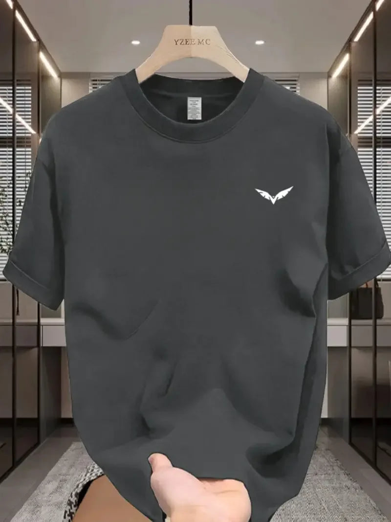 Simple wing pattern printed casual T-shirt for men's summer short sleeved round neck gym with humorous design suitable for sport