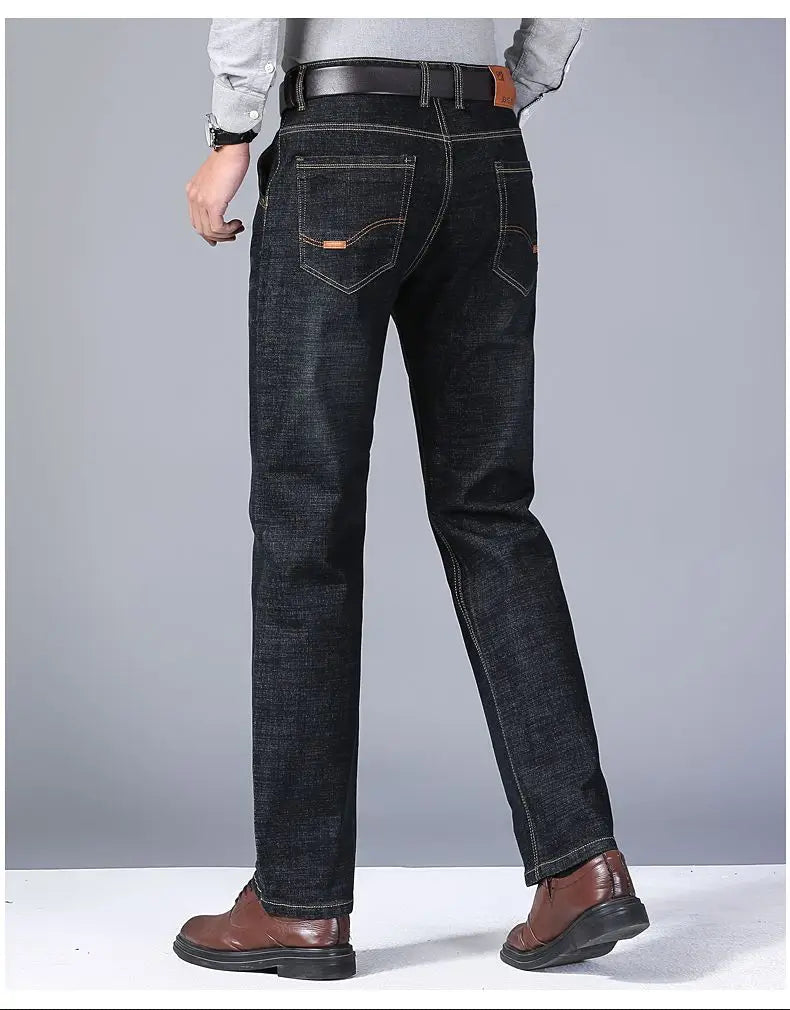 Autumn Spring Business Jeans Men Casual Comfortable Straight Denim Pant Stretch Fashion Classic Soft Premium Blue Black Trousers