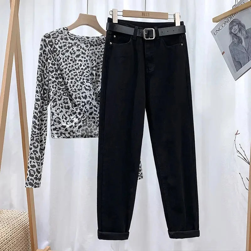 Autumn Collection High-Waisted Slimming Straight-Leg Denim Jeans Women's Loose-Fit Korean Style Ninemoth Half Pants