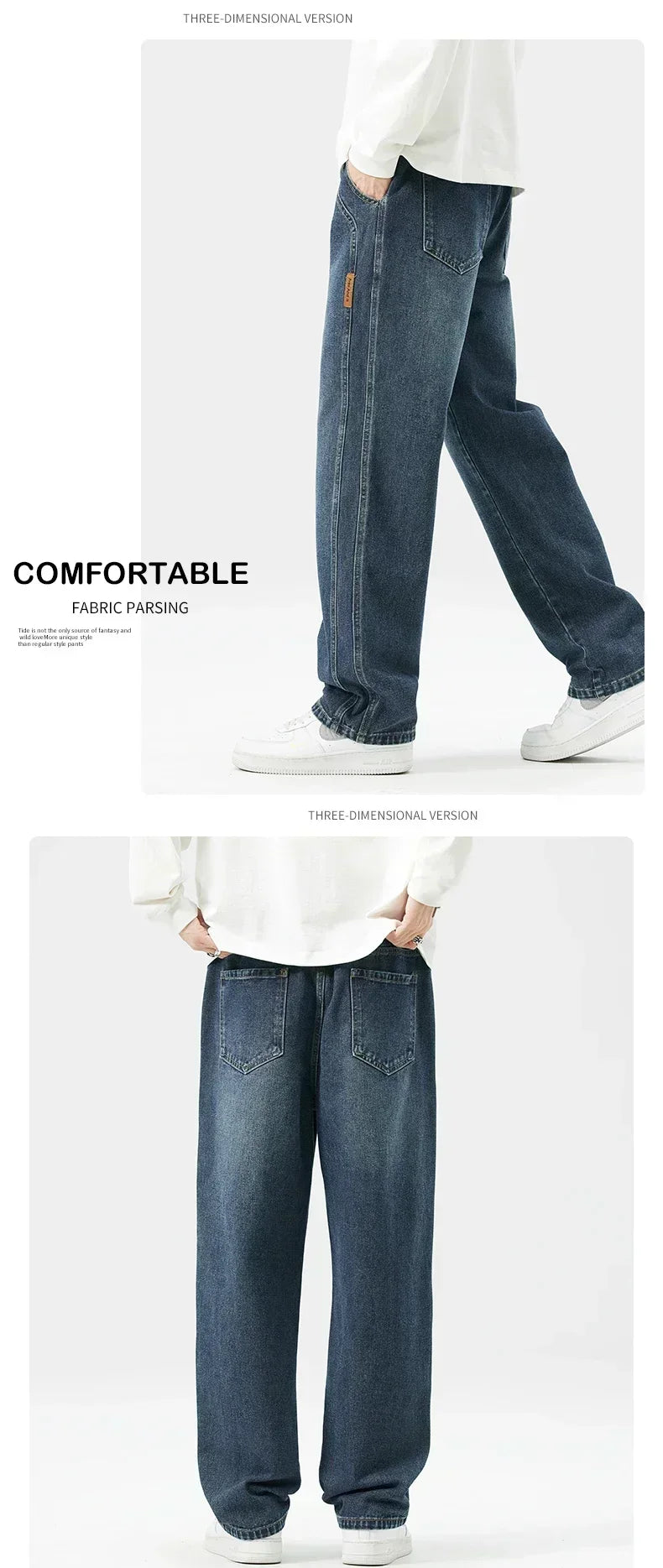 Men's Retro Jeans Elastic Waist Fashion Loose Straight Casual Wide Pants Cotton Casual Korean Baggy Wide Leg Denim Trousers
