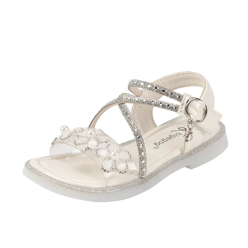 Girls Princess Sandals Children Summer Beach Shoes Soft Bottom Anti-slippery Fashion Kids Flowers Rhinestone Sandals Size 23-36
