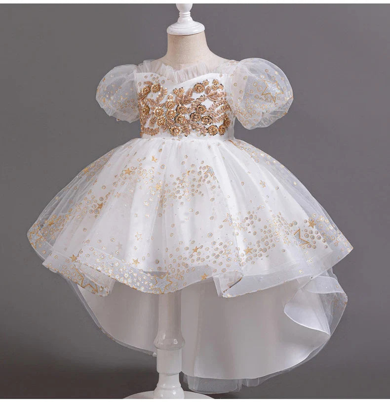 Girl Tail Wedding Bridesmaid Dress Children's Elegant Banquet Dress Children's Round Neck Sleeveless Dress Girl