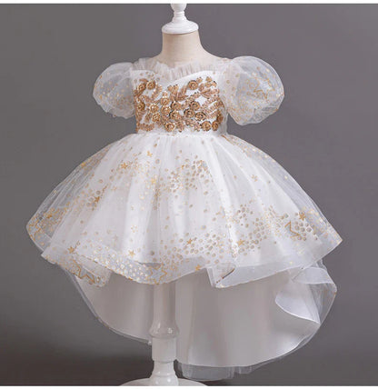 Girl Tail Wedding Bridesmaid Dress Children's Elegant Banquet Dress Children's Round Neck Sleeveless Dress Girl