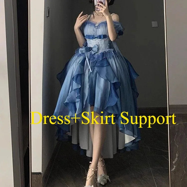 Original Lolita Trailing Puffy Dress Women Short Front Long Back Princess Blue Flower Wedding Dress Elegant Off Shoulder