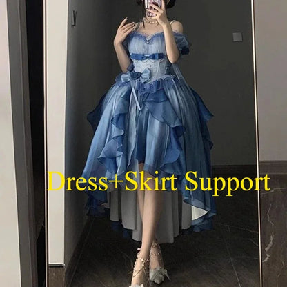 Original Lolita Trailing Puffy Dress Women Short Front Long Back Princess Blue Flower Wedding Dress Elegant Off Shoulder