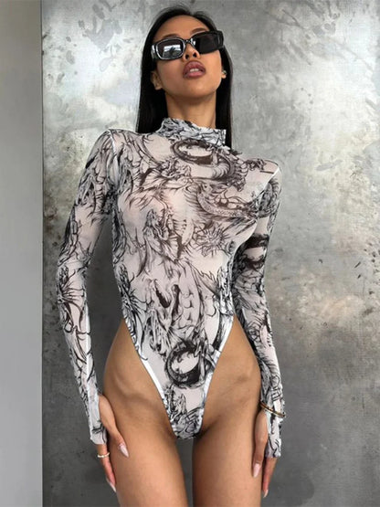Tie Dye Sexy Bodysuit Lingerie Long Sleeve Corset Top Women One-Pieces Rave Outfit Bodycon Lenceria Femenina See Through Bustier