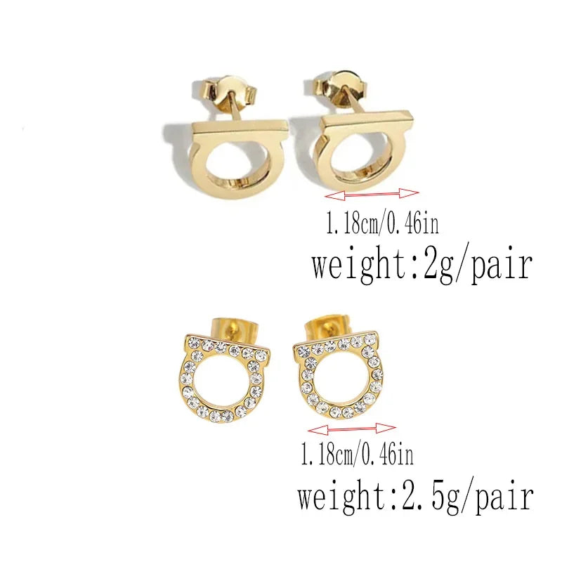 2Pcs of Simple and Luxurious D-shaped Stainless Steel Stud Eearrings Inlaid Sparkling Cubic Zircon Ear Piering Jewelry