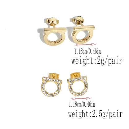 2Pcs of Simple and Luxurious D-shaped Stainless Steel Stud Eearrings Inlaid Sparkling Cubic Zircon Ear Piering Jewelry