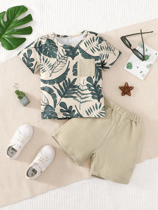 2PCS Kid Boy Clothes Set Short Sleeves Leaf Print Pocket Style T-shirt+Shorts Summer Casual Outfit For Child Boy 4-7 Years