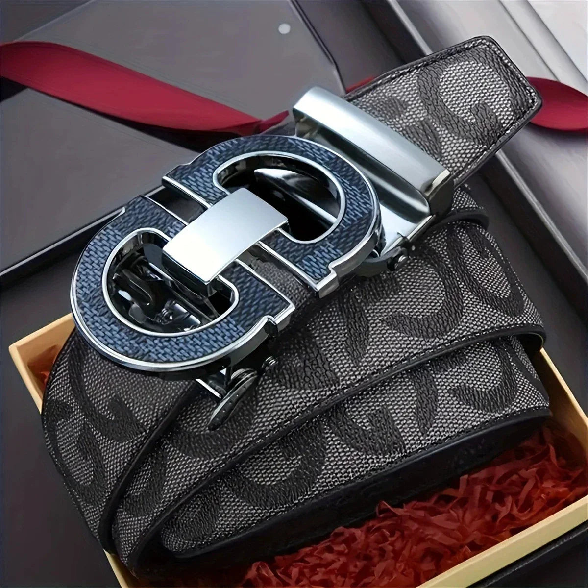 Men's Sleek Automatic Buckle Belt - Genuine FauxwithTextured Square Pattern, Black, Simple & Stylish DesignforCasual Attire