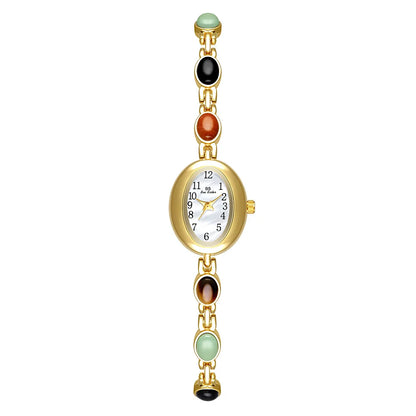Women's watch Vintage Natural Colorful Jade Bracelet Wristwatches Clock,Luxury Elegant Small Oval Dial Quartz Watch Waterproof