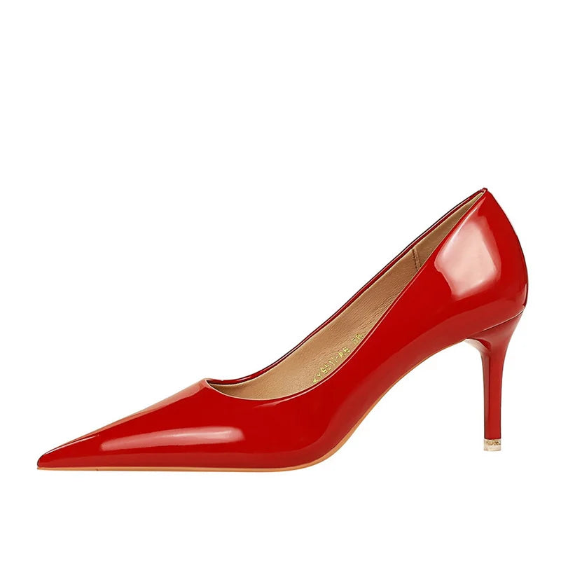 Women 7.5cm 10.5cm High Heels Wedding Bridal Classic Pumps Lady Scarpins Metallic Leather Low Heels Stiletto Nude Office Shoes