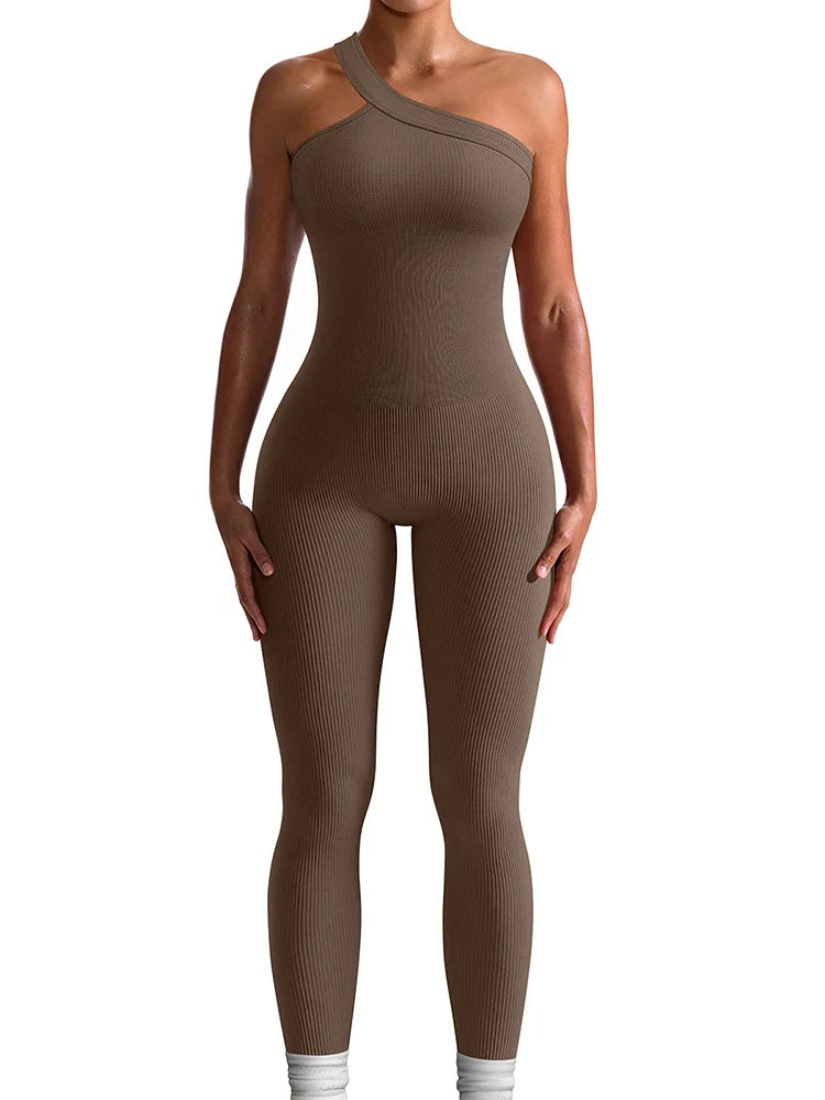 Women Yoga Jumpsuits Workout Ribbed One Shoulder One Piece Sport Jumpsuits Solid Sleeveless Hip Lifting Fitness Jumpsuits