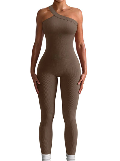 Women Yoga Jumpsuits Workout Ribbed One Shoulder One Piece Sport Jumpsuits Solid Sleeveless Hip Lifting Fitness Jumpsuits
