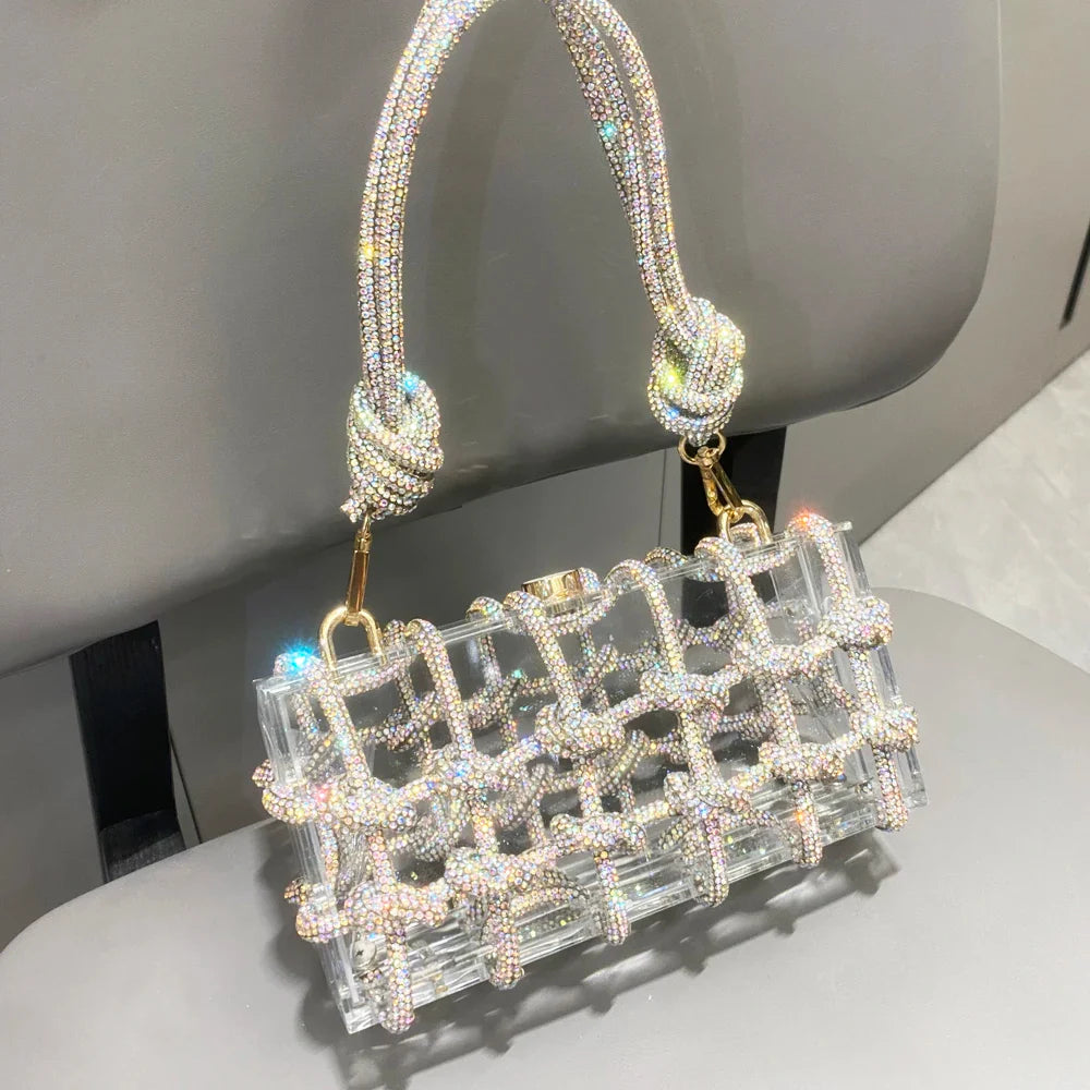 Bolsa de Noite com Alça e Strass Prateada de Cristal Feita à Mão para Mulheres, Bolsas e Bolsas de Mão de Designer de Luxo para Banquete