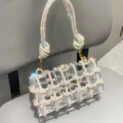 Bolsa de Noite com Alça e Strass Prateada de Cristal Feita à Mão para Mulheres, Bolsas e Bolsas de Mão de Designer de Luxo para Banquete