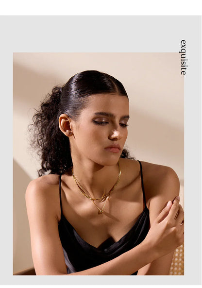 Snake Chain Double Layer Stainless Steel Water Drop Pendant Necklace for Women Statement 18k Gold Color Jewelry Waterproof