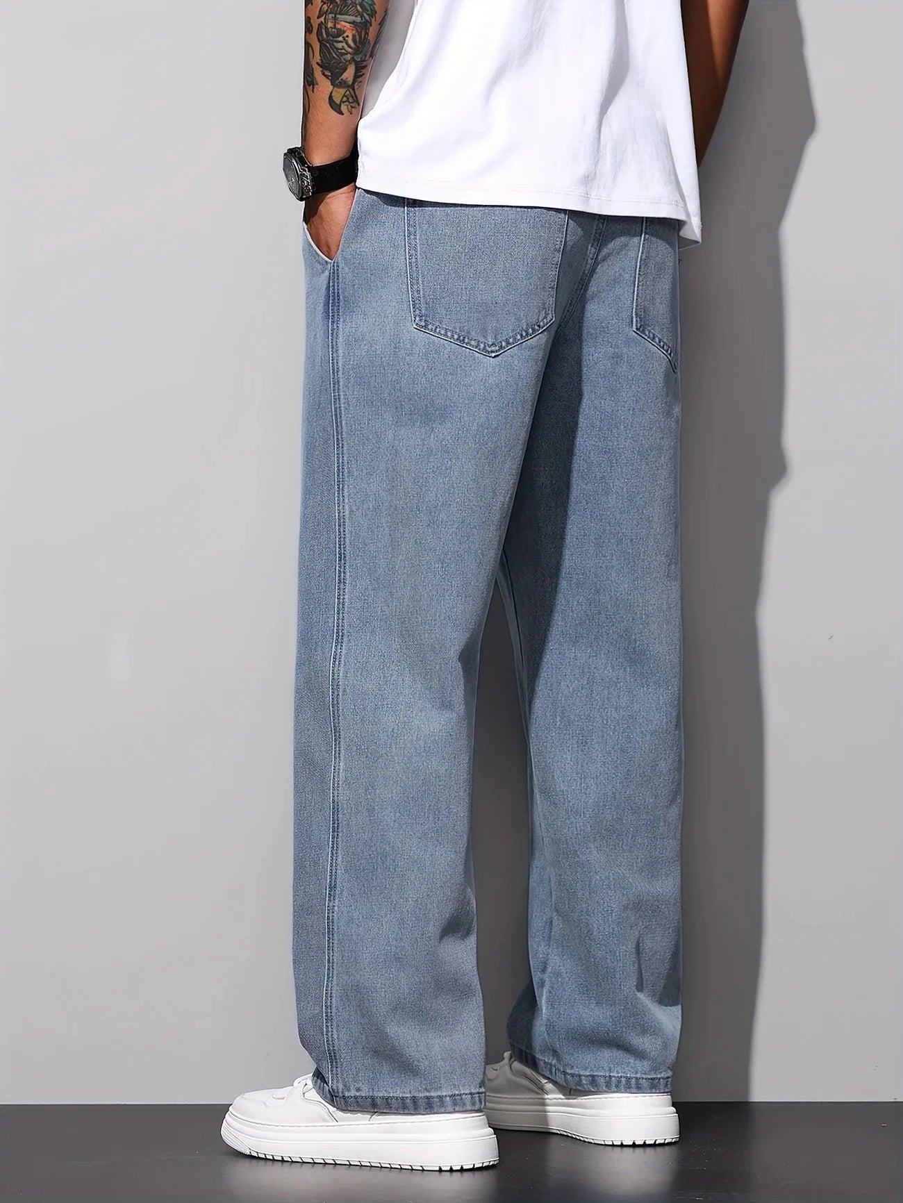 Calça Jeans Masculina Reta Casual, Calça Jeans Solta, Lavável à Máquina e à Mão, Uso em Todas as Estações, Uso Diário, Estilo Urbano