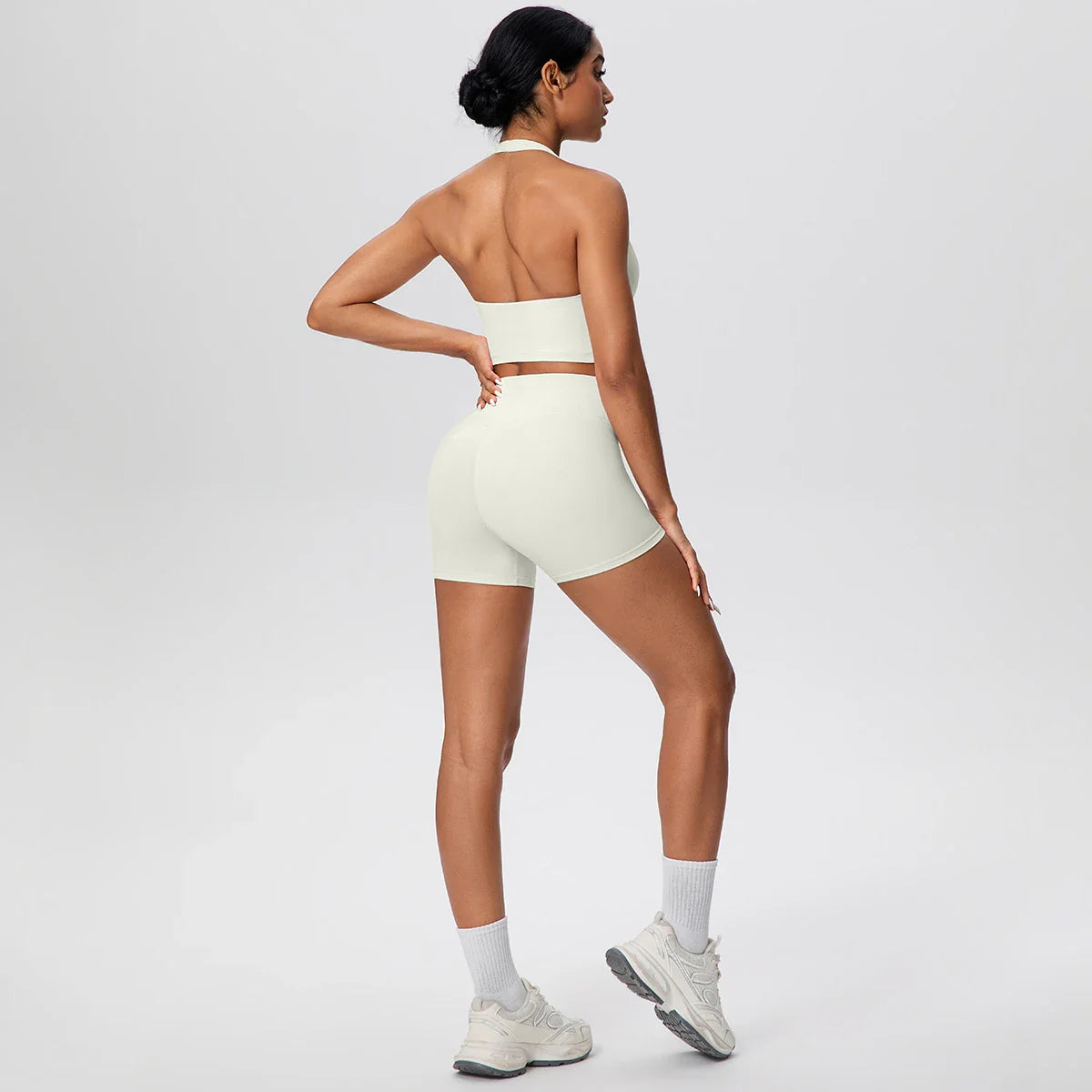 2picese Women Yoga Suit Solid Color High Waist Hip Push Up Fitness Shorts Sexy Pilates Backless Gym Hanging Neck Bra Yoga Set