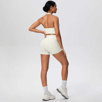 2picese Women Yoga Suit Solid Color High Waist Hip Push Up Fitness Shorts Sexy Pilates Backless Gym Hanging Neck Bra Yoga Set