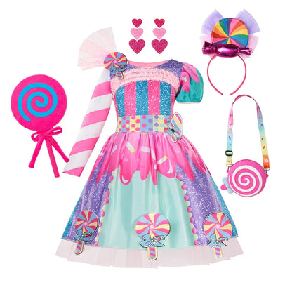 Rainbow Lollipop Girls Dress Sweet Purim Festival Celebrate Costume Fancy Carnival Children Vestidos Princess Cosplay Outfits