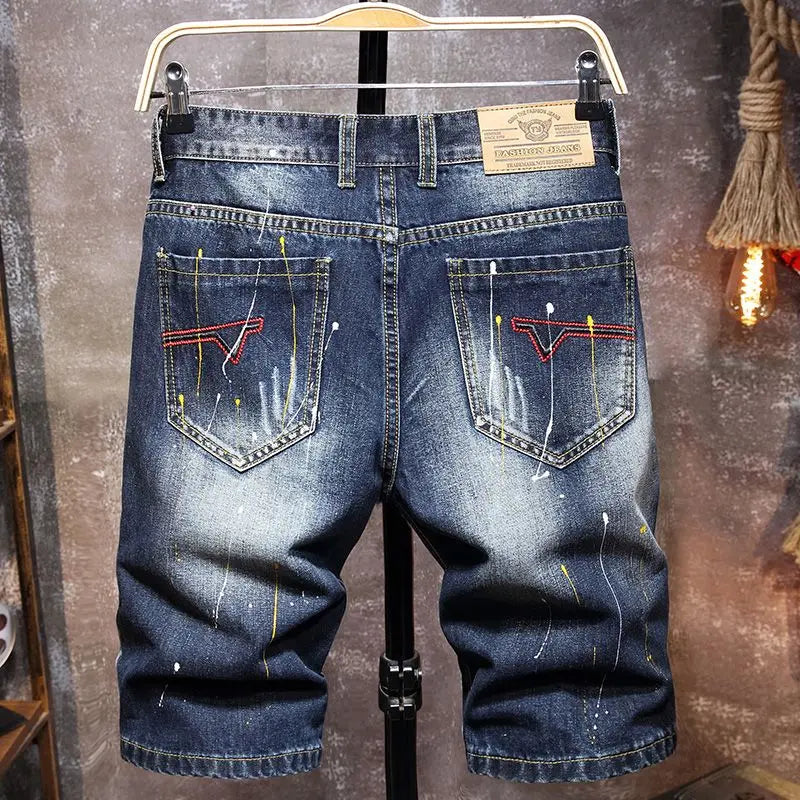 2025 Summer New Fashion Men's Graffiti Ripped Short Jeans Casual Slim Big Hole Retro Style Denim Shorts Male Brand Clothes
