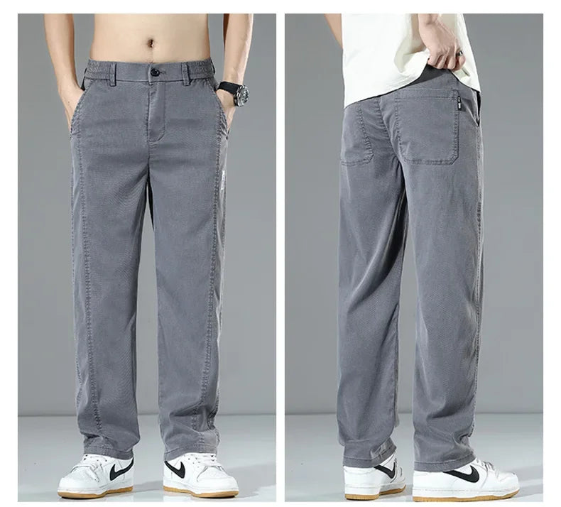 Summer Thin Men's Loose Straight Jeans Lyocell Soft Drape Business Casual Trousers Classic Smoke Gray Brand Ice Silk Denim Pants