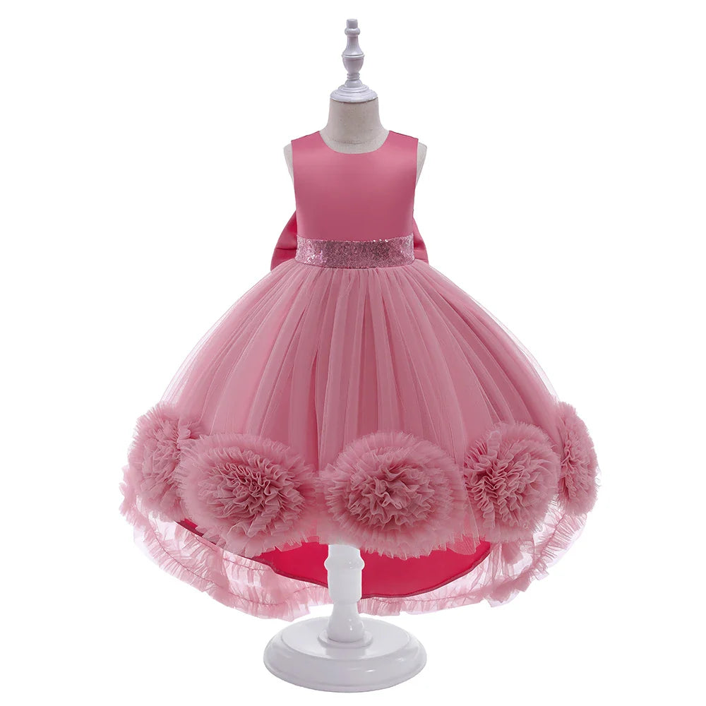 Elegant Trailing Flower Party Girls Dress Summer Wedding Bridesmaid Princess Prom Dress Girl Tull Bow Birthday Evening Ball Gown