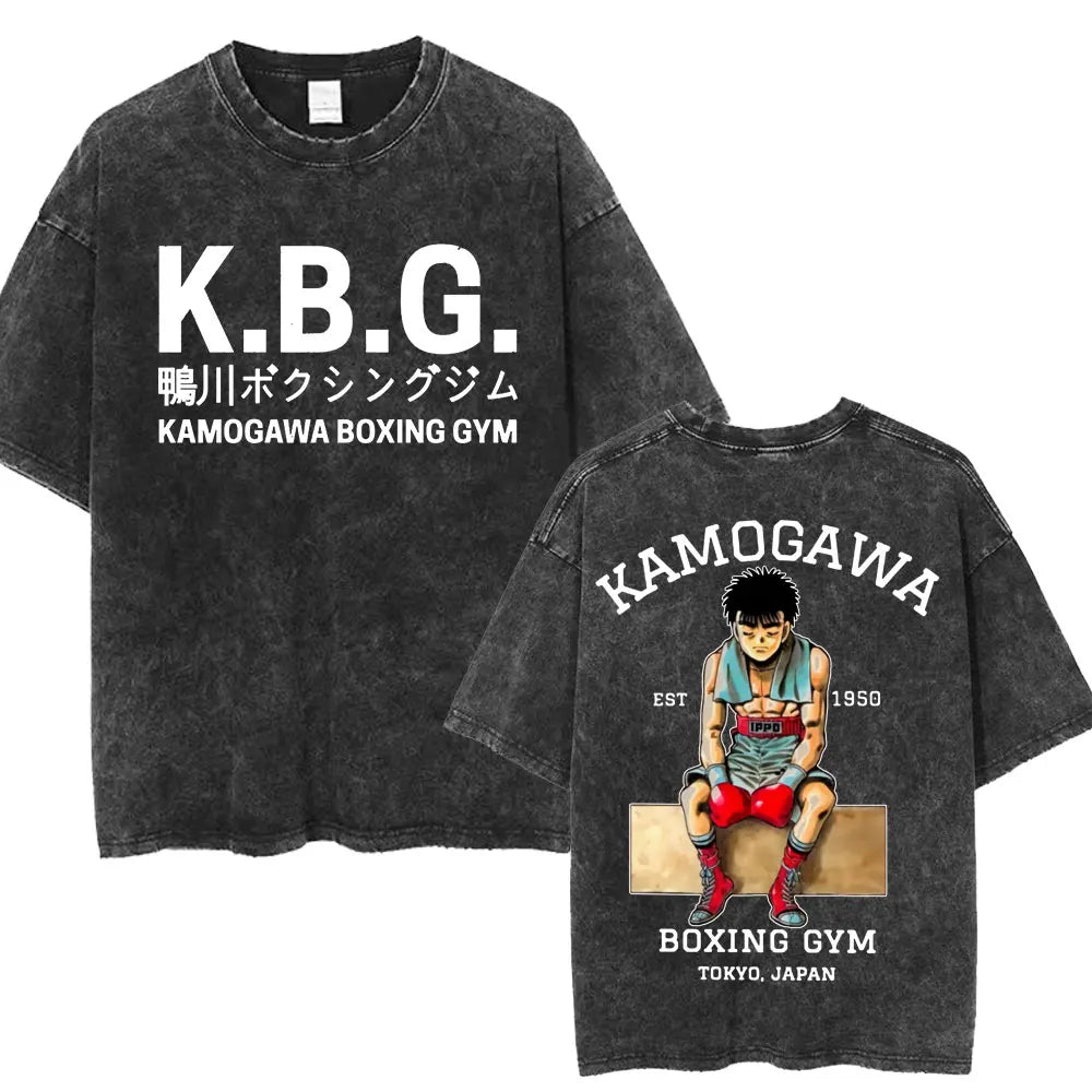 Anime Hajime No Ippo Washed Vintage T-shirt Kamogawa Boxing Gym Harajuku T-shirts Makunouchi Takamura KGB Loose Cotton T Shirt
