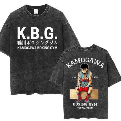 Anime Hajime No Ippo Washed Vintage T-shirt Kamogawa Boxing Gym Harajuku T-shirts Makunouchi Takamura KGB Loose Cotton T Shirt