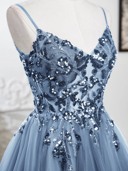 Mini Cocktail Dress Sequin Appliques V-Neck Backless Spaghetti Strap Gowns Pleated Tulle A-Line Homecoming Dresses