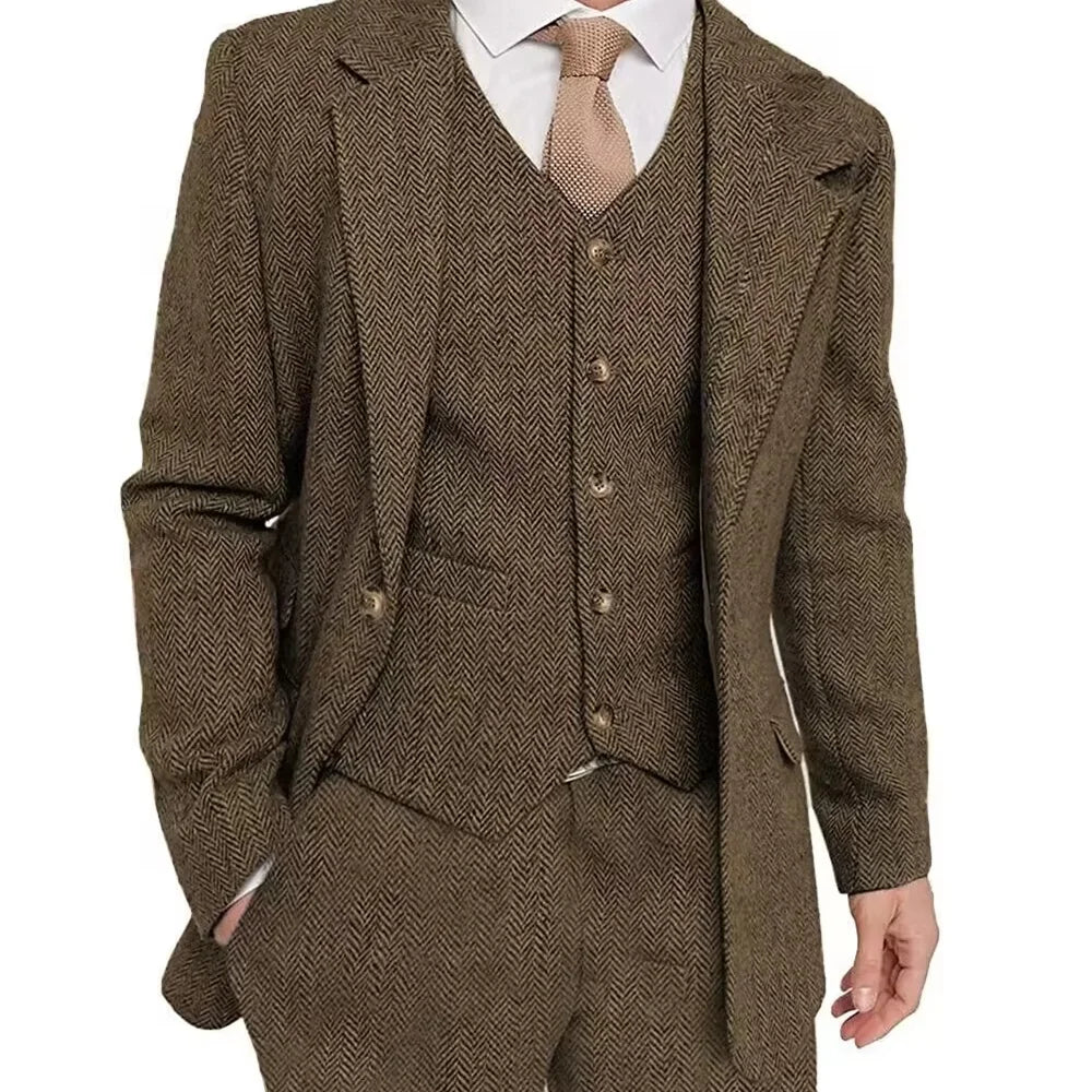 Brown Tweed Sharkskin Men's Formal Suit 3-Piece Smoking Jacket Vest Trousers Business Wedding Grooming