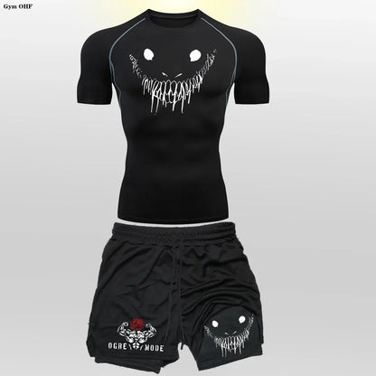 Funny Face 2 in 1 Shorts T Shirt Suits Men's Fitness Breathable Second Skin Compression Shirts Sets Gym Double Deck Shorts