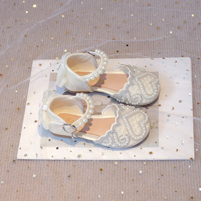 2025Summer Girls Sandals With Heel Fashion Rhinestone Shiny Glitter Shoes Children Princess Bowtie Pearl Dancing Shoes