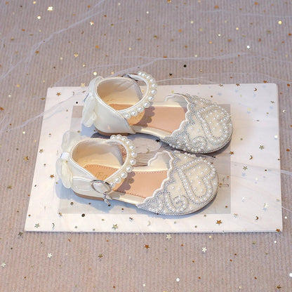 2025Summer Girls Sandals With Heel Fashion Rhinestone Shiny Glitter Shoes Children Princess Bowtie Pearl Dancing Shoes