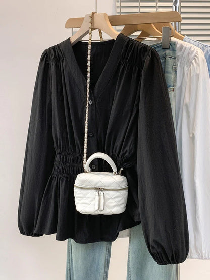 2026 V-neck Long Sleeved Plus Size Shirt Loose Pleated Ruffle Oversized Tops Ladies Chic Elegant Solid Versatile Blouse