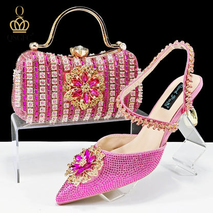 Italian Design Rhinestone-encrusted Ladies Party Women Shoes And Bag  Nigeria Gold Mini Bag Women High Heels