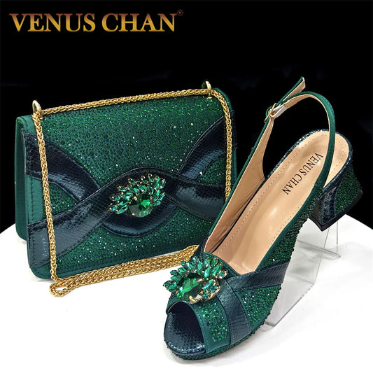 Elegant Green Peep-Toe Heel Pumps for Women with Diamond Accents - Italian Matching Shoes and Bags Set for Parties