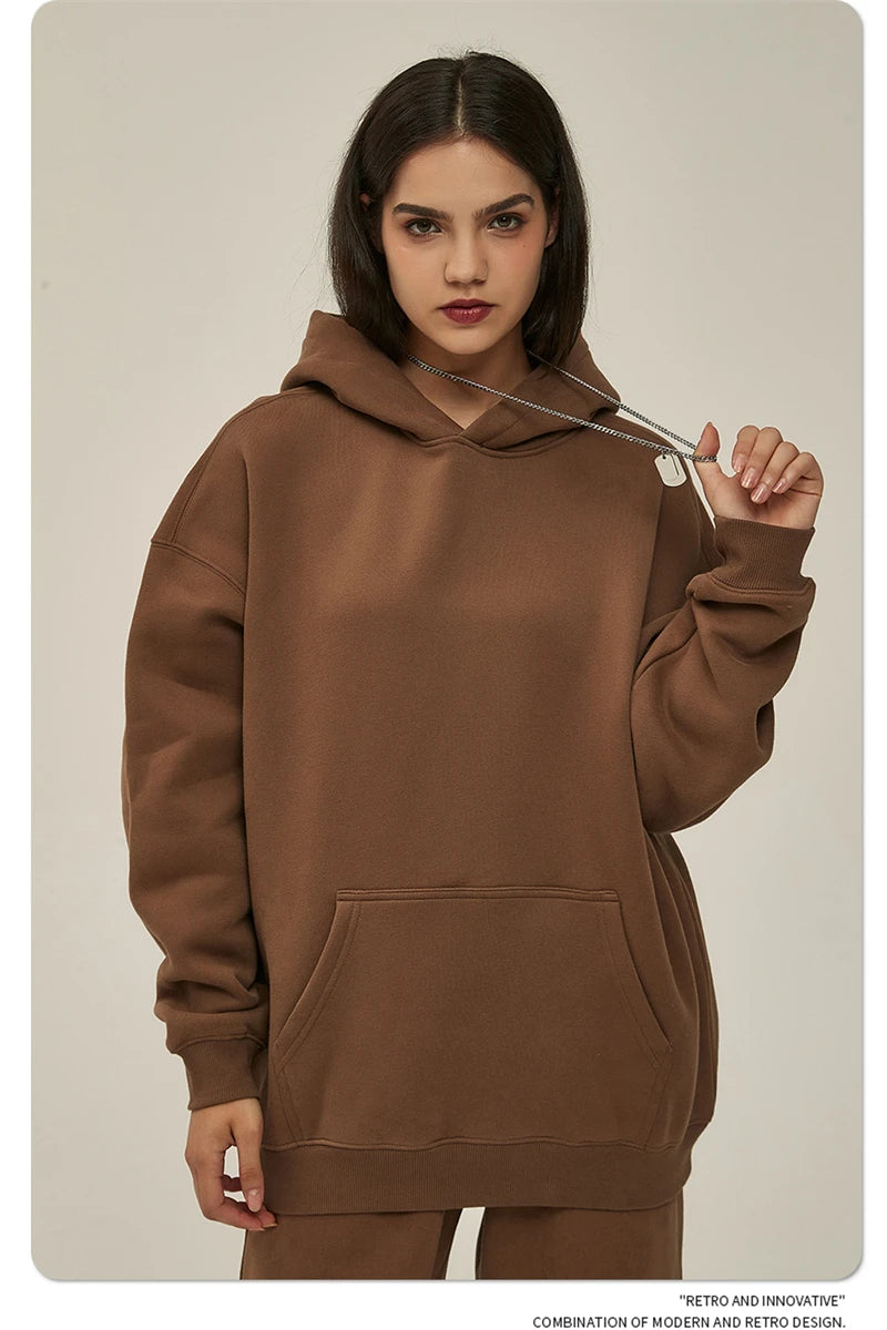 Thick 350gsm Fleece Hooded Hoodies For Men Unisex Winter Oversized Loose Basic Solid Sweatshirts Pullovers Coats HY0631
