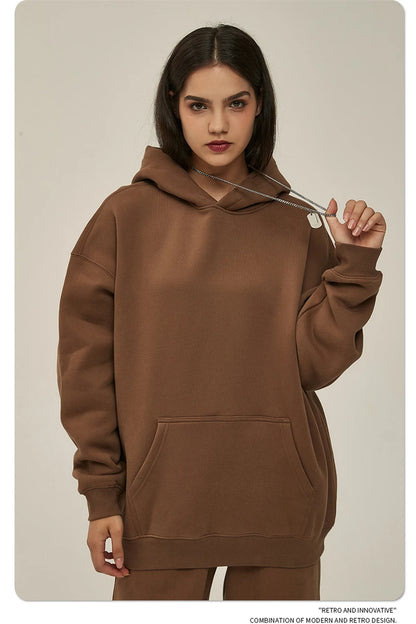 Thick 350gsm Fleece Hooded Hoodies For Men Unisex Winter Oversized Loose Basic Solid Sweatshirts Pullovers Coats HY0631