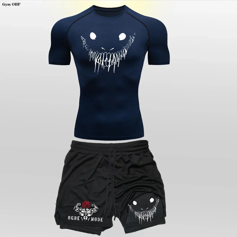 Funny Face 2 in 1 Shorts T Shirt Suits Men's Fitness Breathable Second Skin Compression Shirts Sets Gym Double Deck Shorts