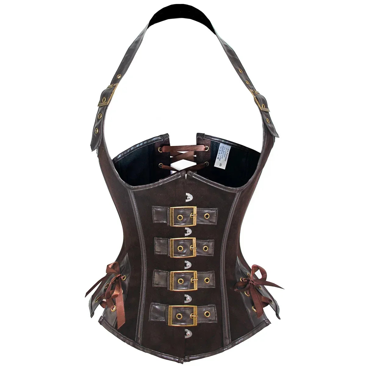 Steampunk Corset Top Gothic PU Leather Underbust Bustier with Halter Strap Silver Black